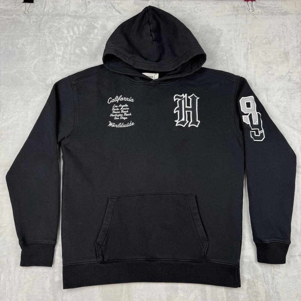 Hollister California Pullover Hoodie Men L Black Embroidered Logo Streetwear